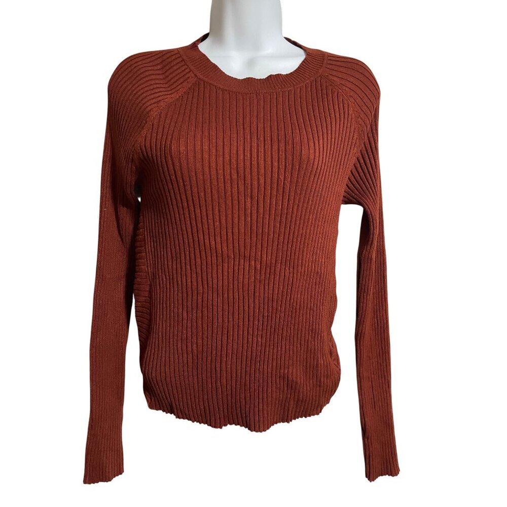 Pink Rose Open Back Rust Knit Sweater Large Ribbed Crewneck Long Sleeve